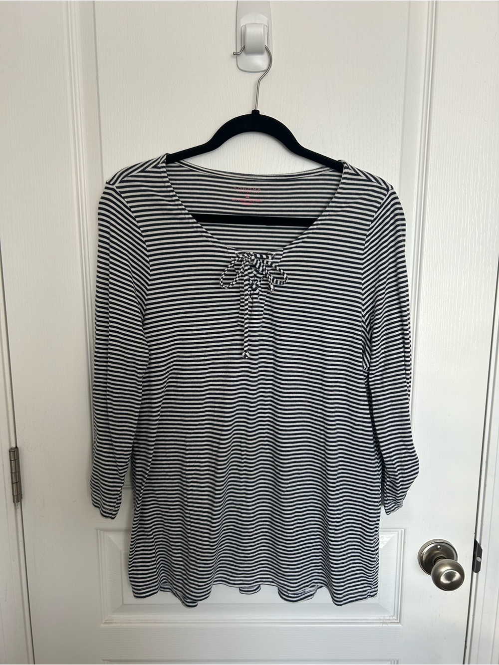 Sonoma Black & White Striped Long Sleeve Tie-Neck Top
